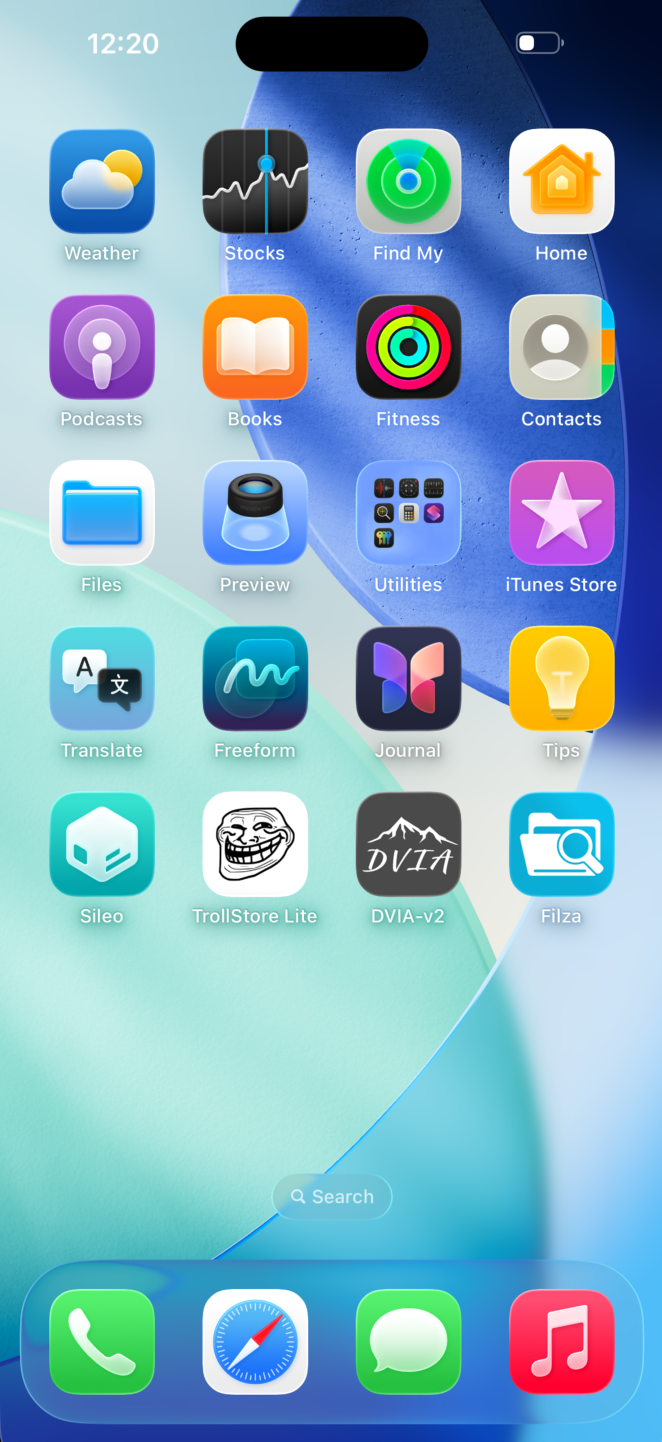 iOS 26 home screen with Sileo, TrollStore and research tools